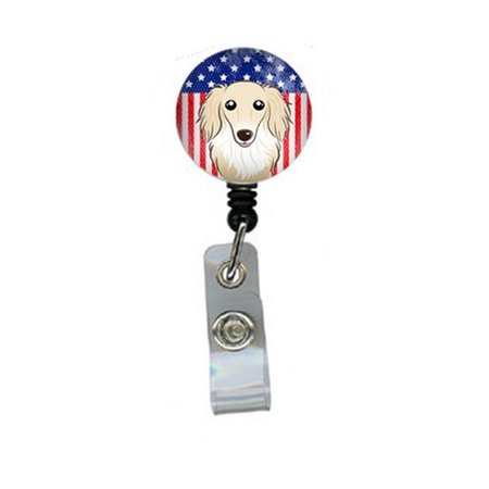 TEACHERS AID American Flag & Longhair Creme Dachshund Retractable Badge Reel TE256373